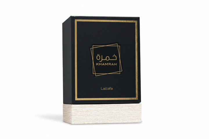 Black box with gold accents featuring the brand 'Lattafa' and product 'Khamrah'.