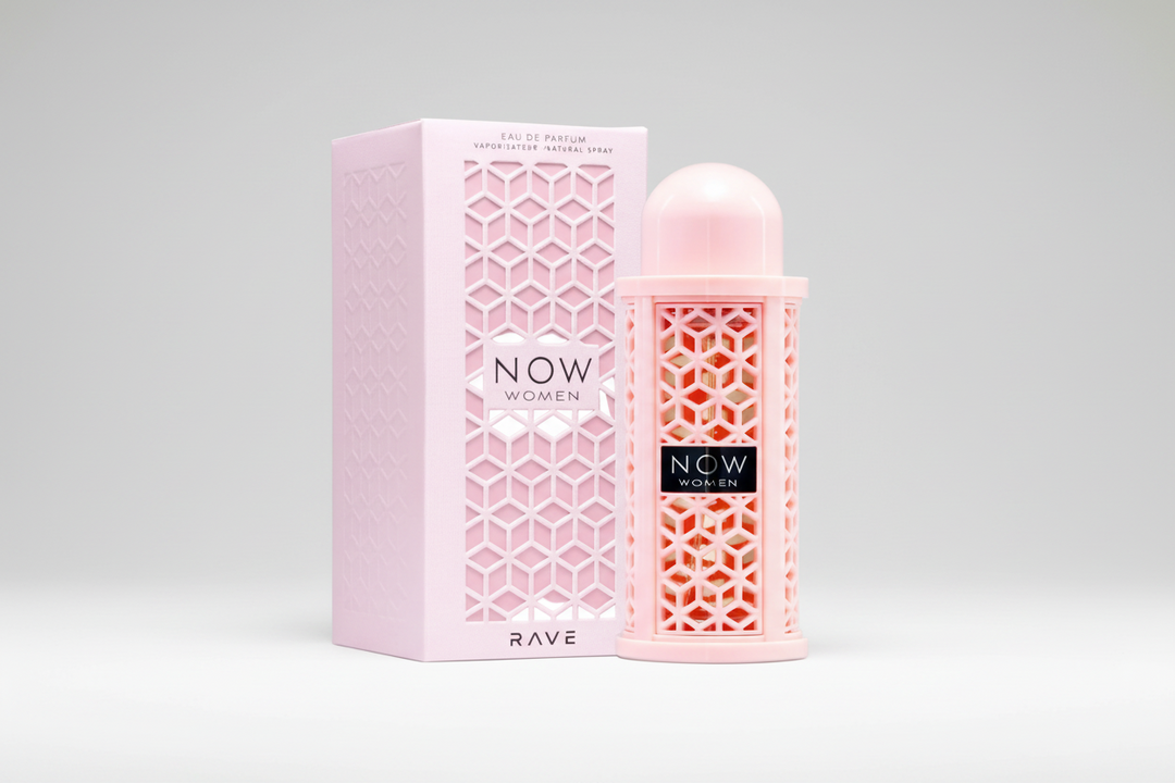Pink 'NOW Women Rave' perfume bottle and packaging on a white background
