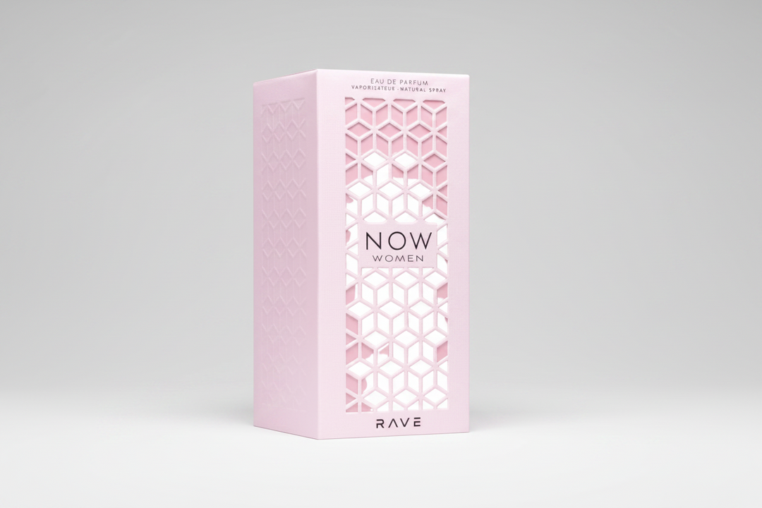 Pink perfume box with geometric pattern and 'NOW Women Rave' branding on a white background