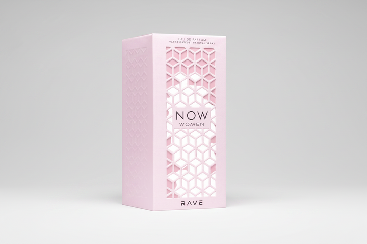 Pink perfume box with geometric pattern and 'NOW Women Rave' branding on a white background