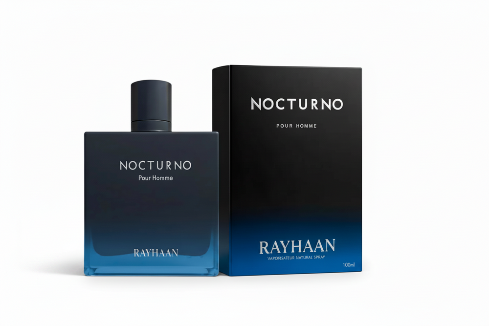Rayhaan Nocturno Pour Homme perfume bottle and packaging on a white background