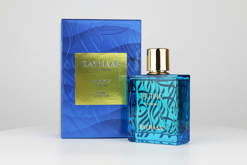 Rayhaan Pacific Eau de Parfum bottle and packaging on a white background