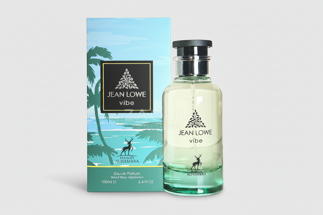Jean Lowe vibe perfume bottle and packaging with palm tree design on a white background