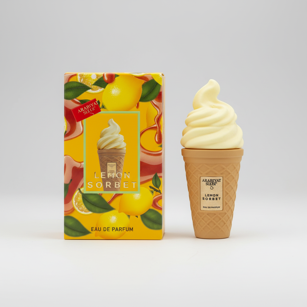 Arabiyat Sugar Lemon sorbet eau de parfum with packaging featuring lemons and ice cream cone design.