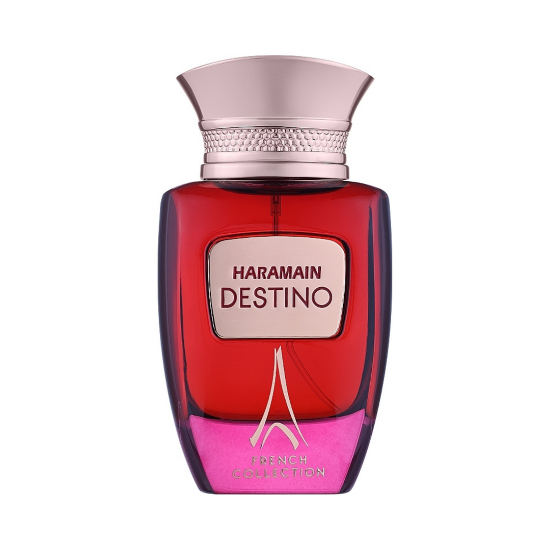 Al Haramain Destino French Collection EDP 100ml perfume bottle straight front view – sophisticated long lasting fruity floral scent with bergamot black currant pear, jasmine orange blossom peony, vanilla amber musk cedarwood