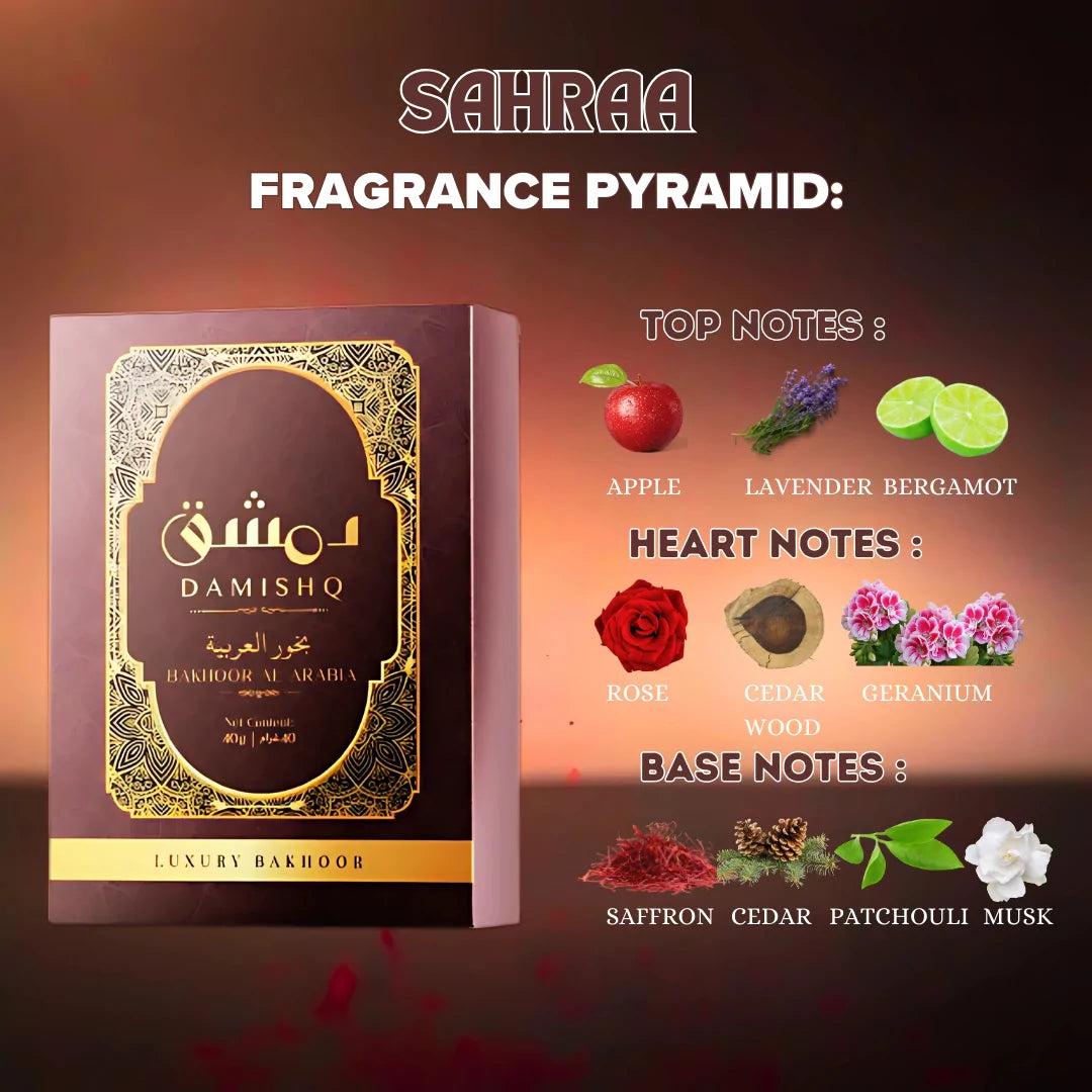 Damishq Bakhoor Sahraa fragrance pyramid – top notes apple lavender bergamot, heart notes rose cedarwood geranium, base notes saffron cedar patchouli musk