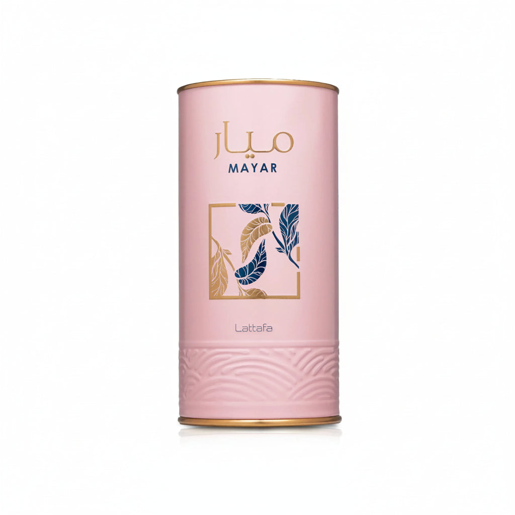 Pink cylindrical container with 'MAYAR' branding on a white background