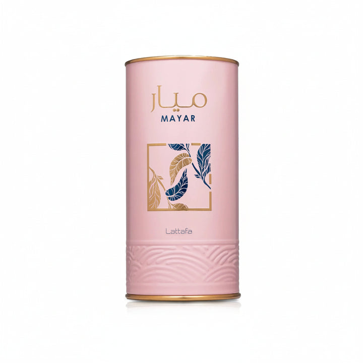 Pink cylindrical container with 'MAYAR' branding on a white background