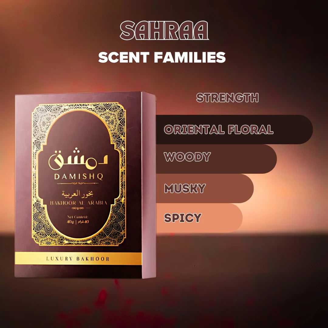 Damishq Bakhoor Sahraa main notes apple, lavender, bergamot, rose, cedarwood, geranium, saffron, cedar, musk, patchouli – deep oriental floral woody musky scent