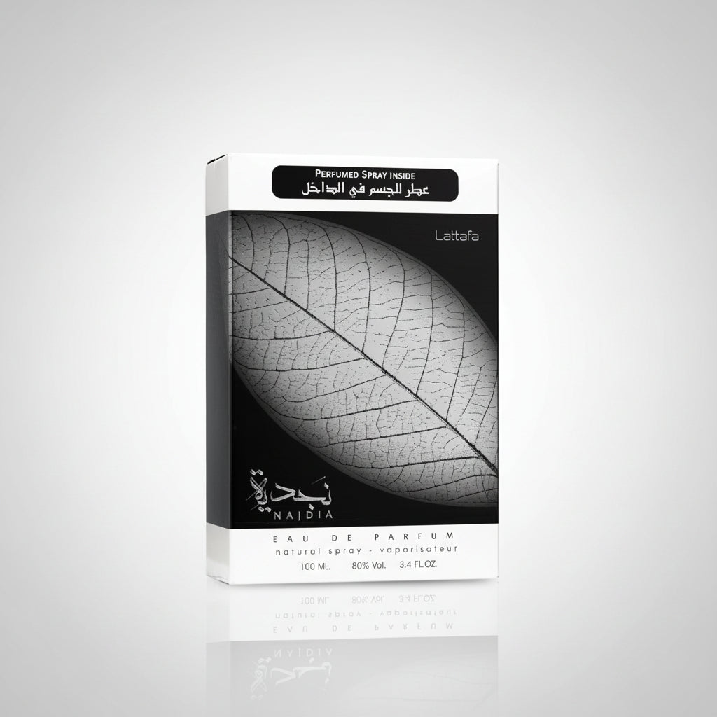 Perfume packaging with leaf design on a white background