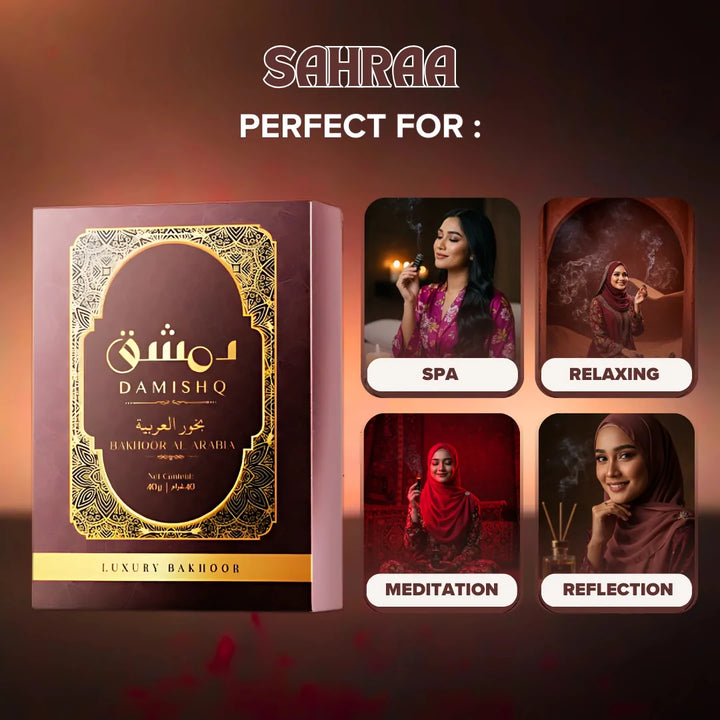 Damishq Bakhoor Sahraa perfect for spa, relaxing, meditation, reflection – elegant oriental floral woody home aroma