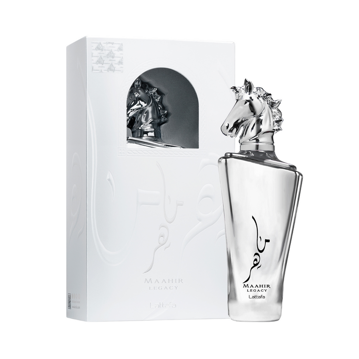 Lattafa Maahir Legacy EDP 100ml perfume bottle and box slight side angle – luxurious long lasting oriental woody amber scent with bergamot saffron black pepper, rose jasmine leather, amber oud sandalwood musk