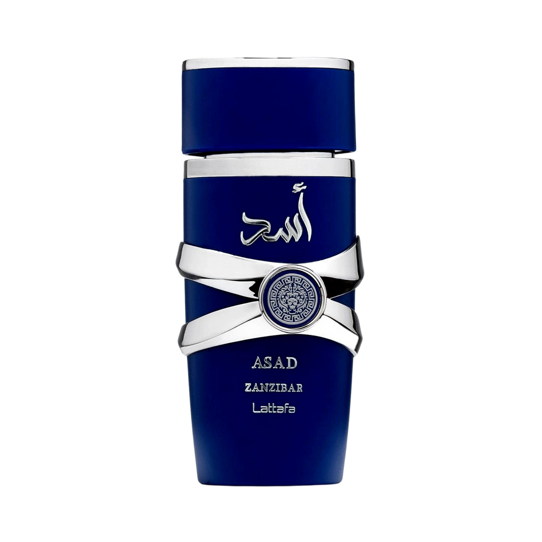 Straight front view of Lattafa Asad Zanzibar EDP 100ml men perfume bottle on white background – rich warm oriental scent for men