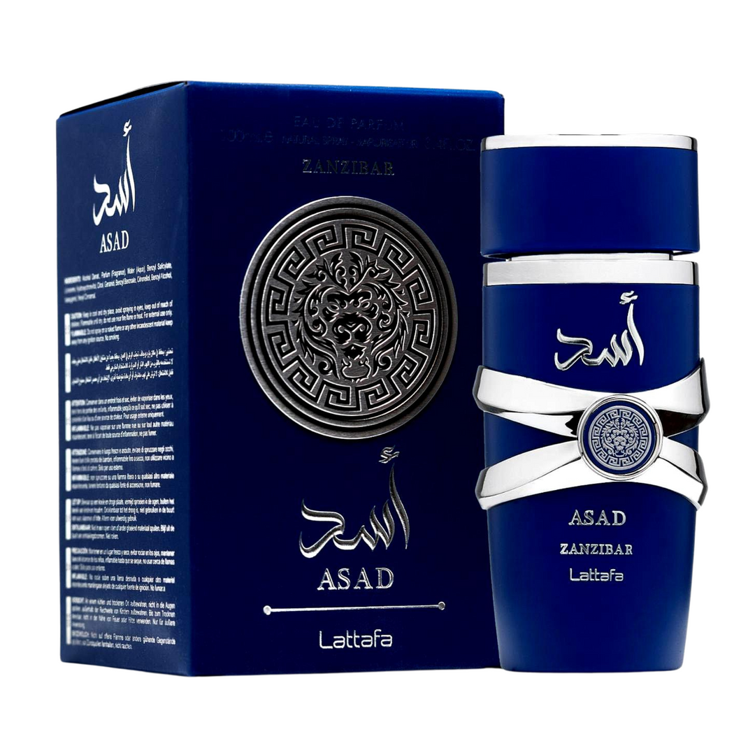 Side angle view of Lattafa Asad Zanzibar EDP 100ml men perfume bottle and box – bold warm spicy fragrance for men
