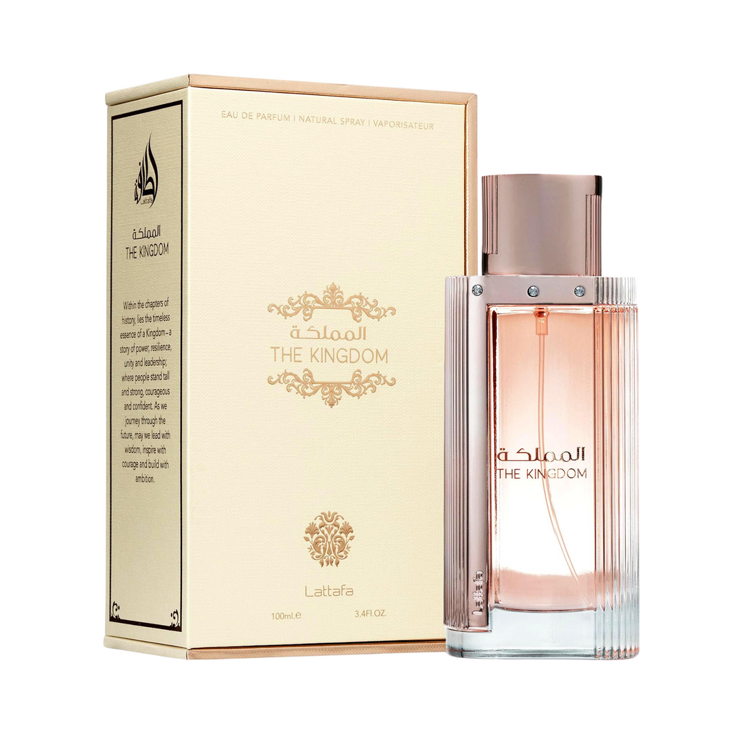 Side angle view of Lattafa The Kingdom Women EDP 100ml perfume bottle and box – sophisticated floral and oriental scent for women