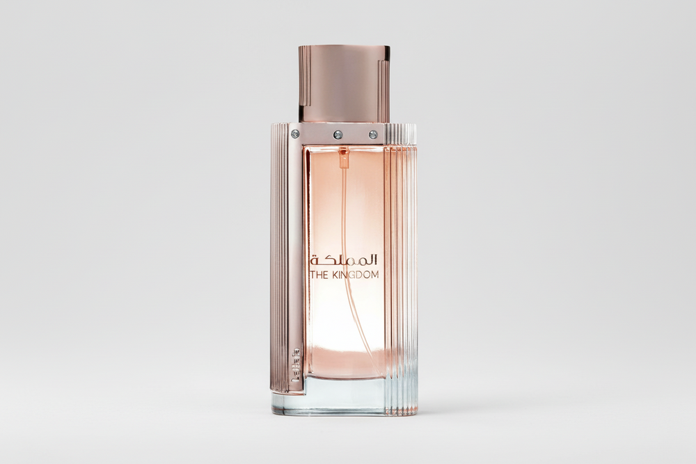 Straight front view of Lattafa The Kingdom Women EDP 100ml perfume bottle on white background – graceful feminine floral oriental fragrance