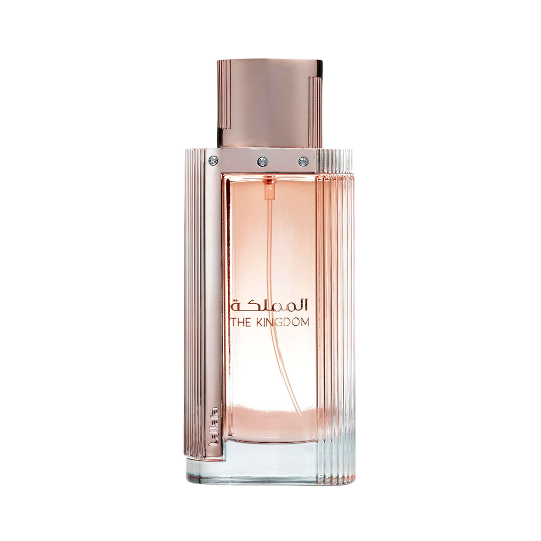 Straight front view of Lattafa The Kingdom Women EDP 100ml perfume bottle on white background – graceful feminine floral oriental fragrance