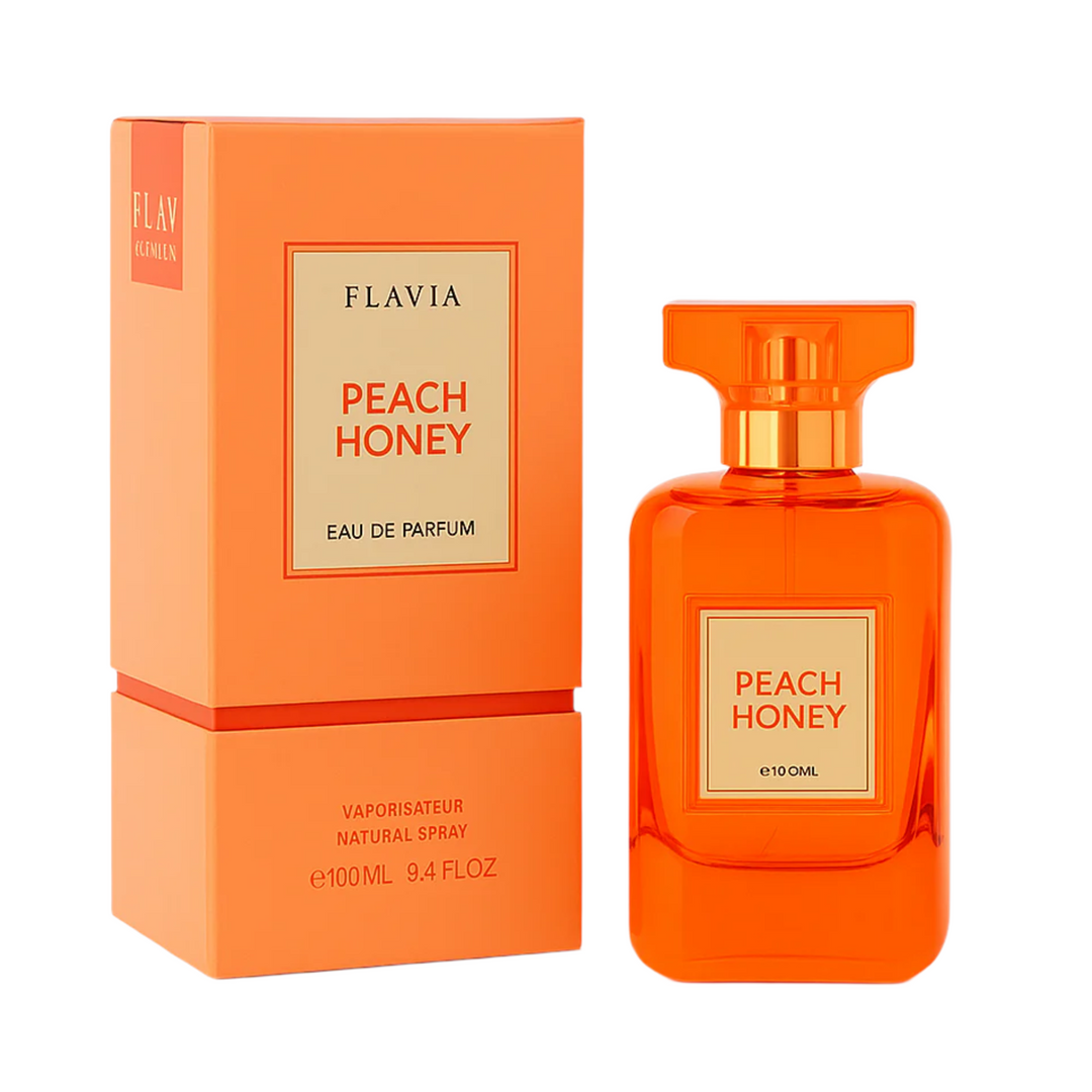 Flavia Peach Honey EDP 100ml perfume bottle and box slight side angle – elegant long lasting sweet fruity floral scent with peach honey bergamot, jasmine rose orange blossom, vanilla musk sandalwood amber