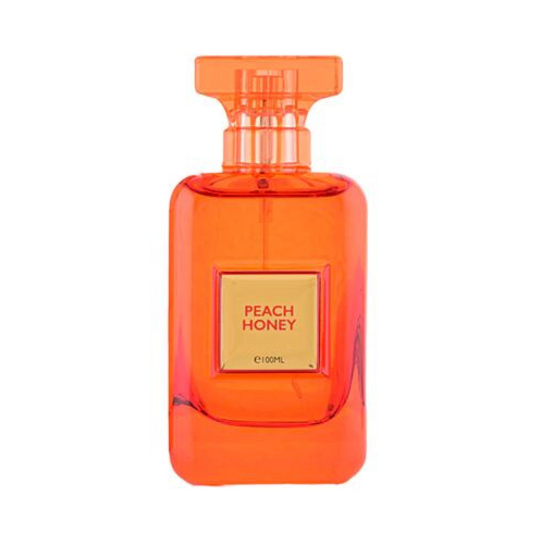 Straight front view of Flavia Peach Honey EDP 100ml perfume bottle – sweet fruity floral fragrance with top notes peach honey bergamot, heart of jasmine rose orange blossom, base of vanilla musk sandalwood amber