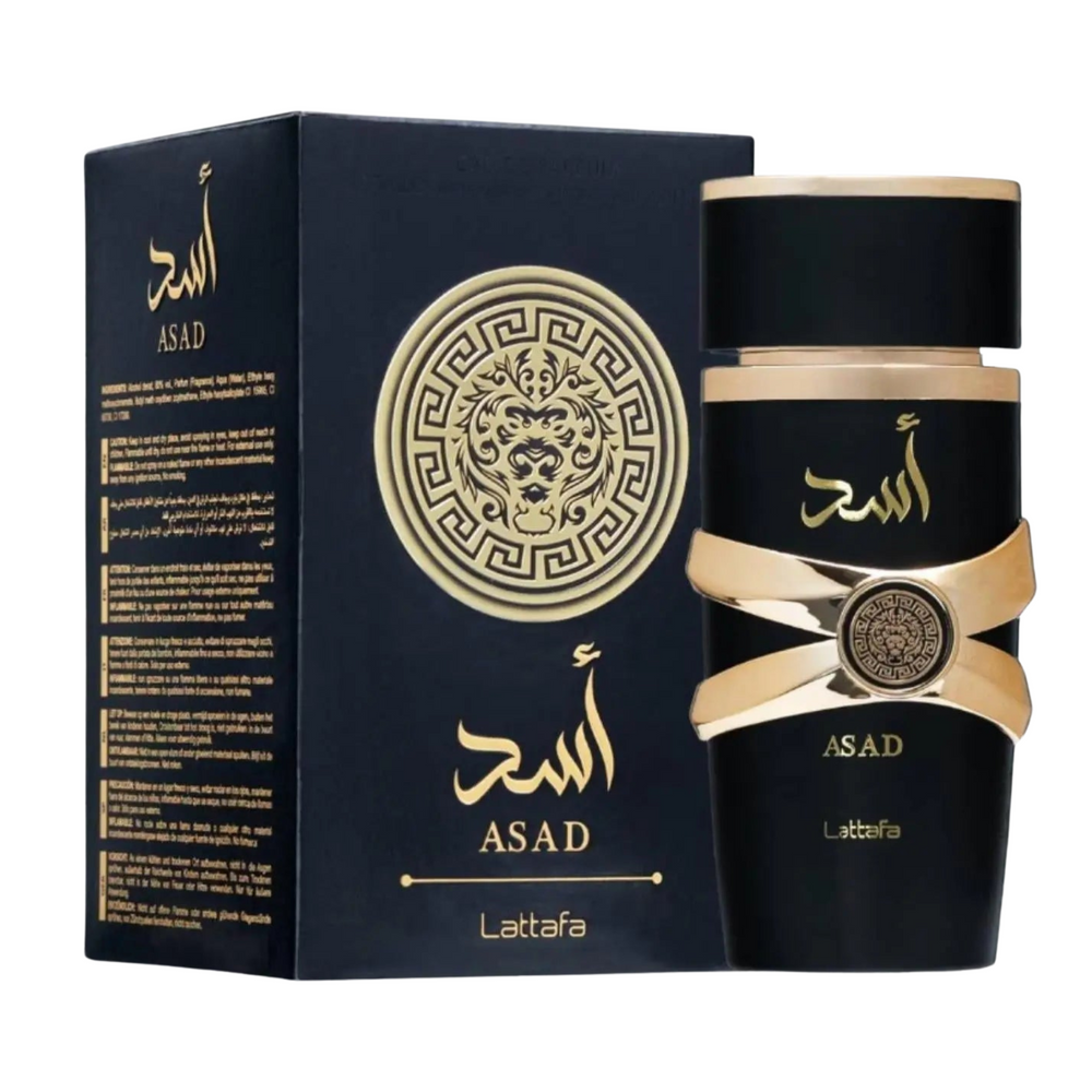 Lattafa Asad EDP 100ml perfume bottle and box slight side angle – powerful long lasting warm spicy oriental scent with pineapple tobacco black pepper, coffee patchouli iris, amber vanilla dry woods benzoin labdanum