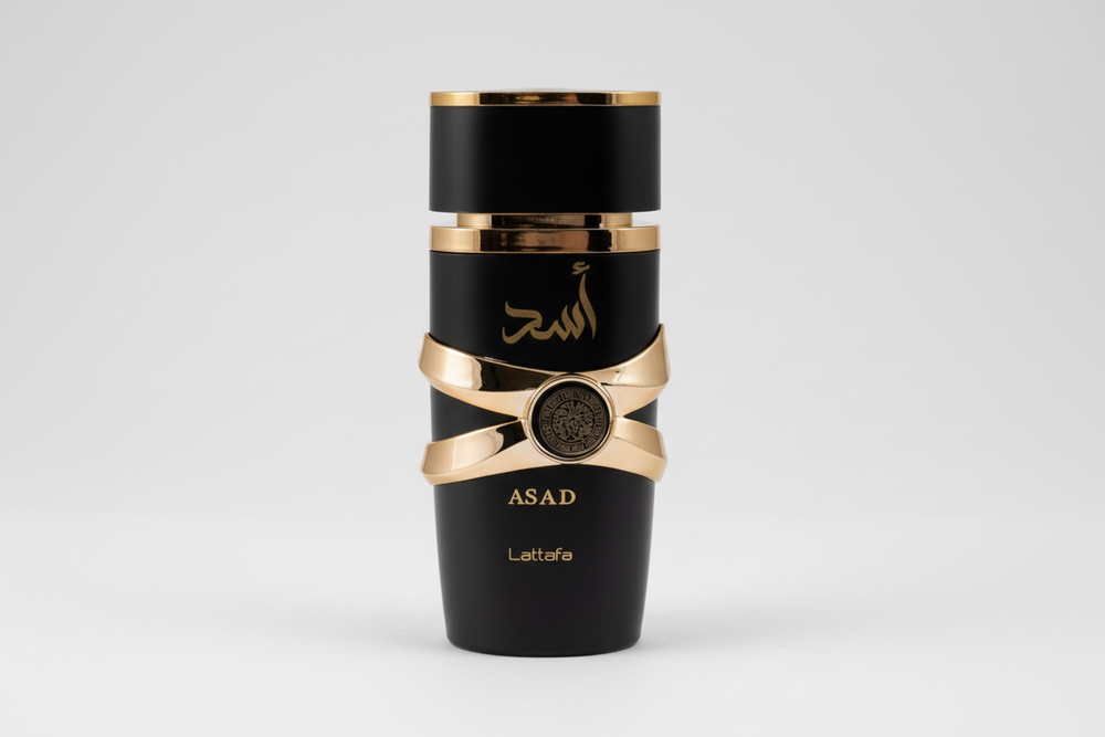Lattafa Asad EDP 100ml perfume bottle slight side angle – rich elegant warm spicy oriental fragrance with pineapple tobacco black pepper, coffee patchouli iris, amber vanilla dry woods benzoin labdanum
