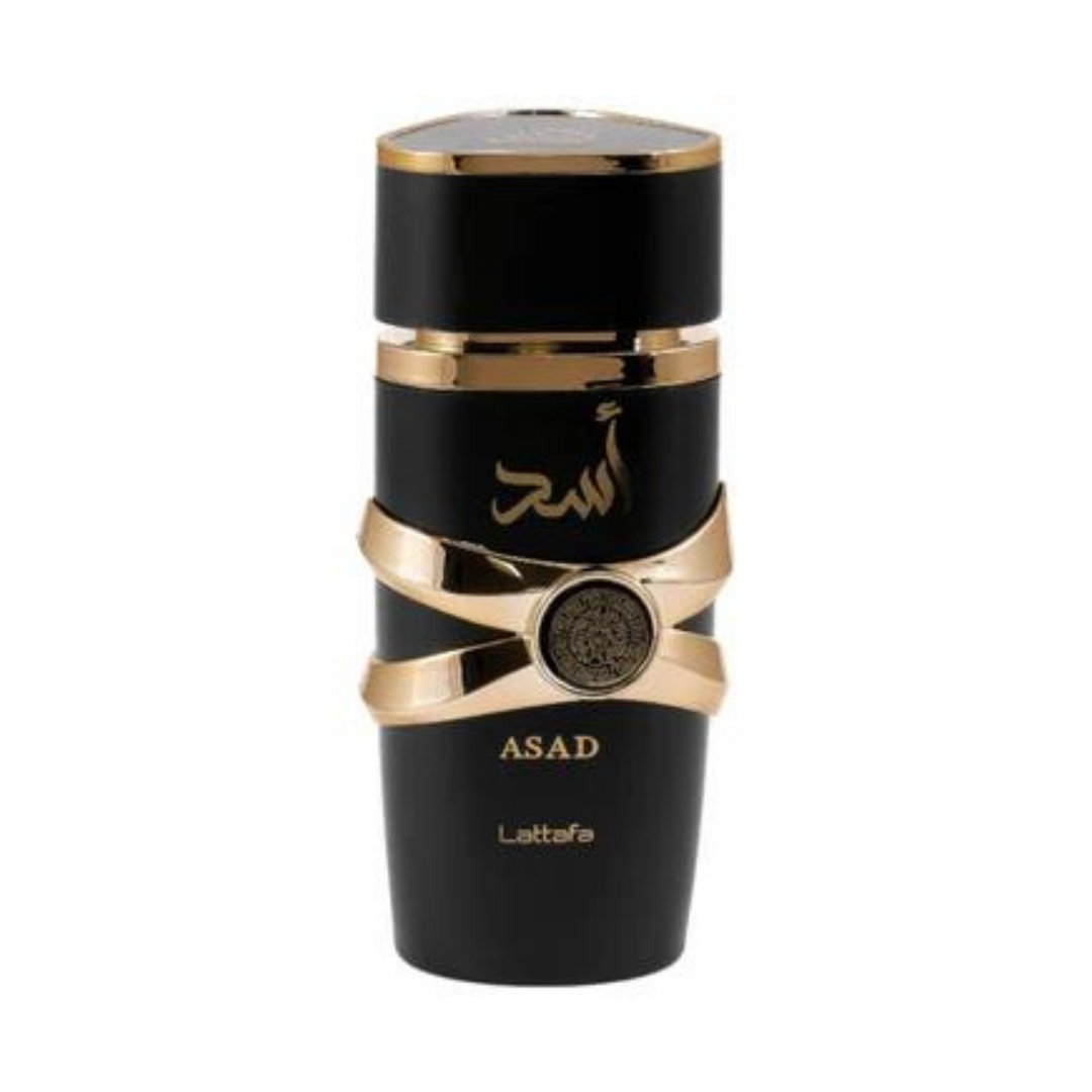 Lattafa Asad EDP 100ml perfume bottle slight side angle – rich elegant warm spicy oriental fragrance with pineapple tobacco black pepper, coffee patchouli iris, amber vanilla dry woods benzoin labdanum