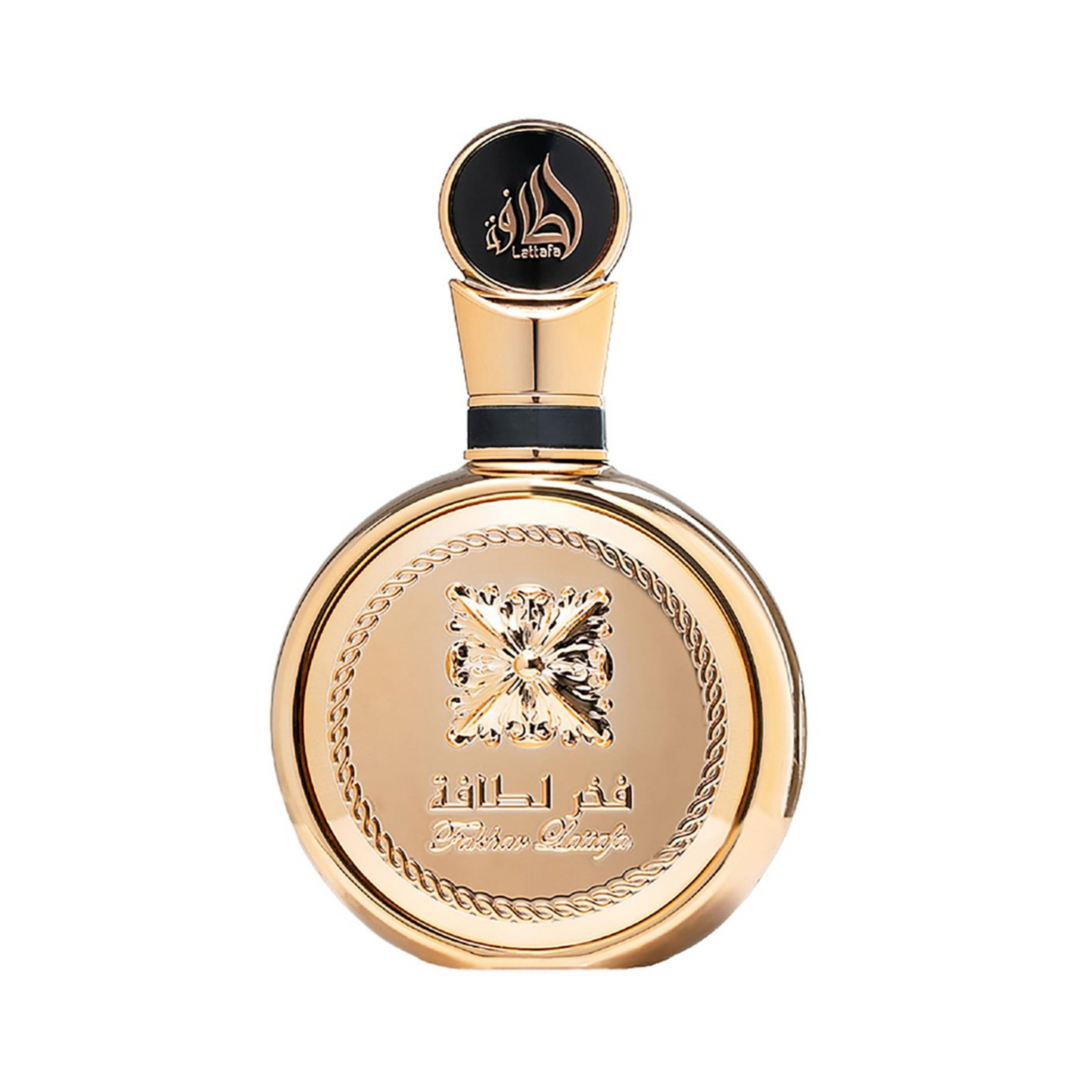 Lattafa Fakhar Extrait EDP 100ml perfume bottle straight front view – rich long lasting oriental woody scent with bergamot pink pepper saffron, rose jasmine patchouli, amber musk sandalwood vanilla
