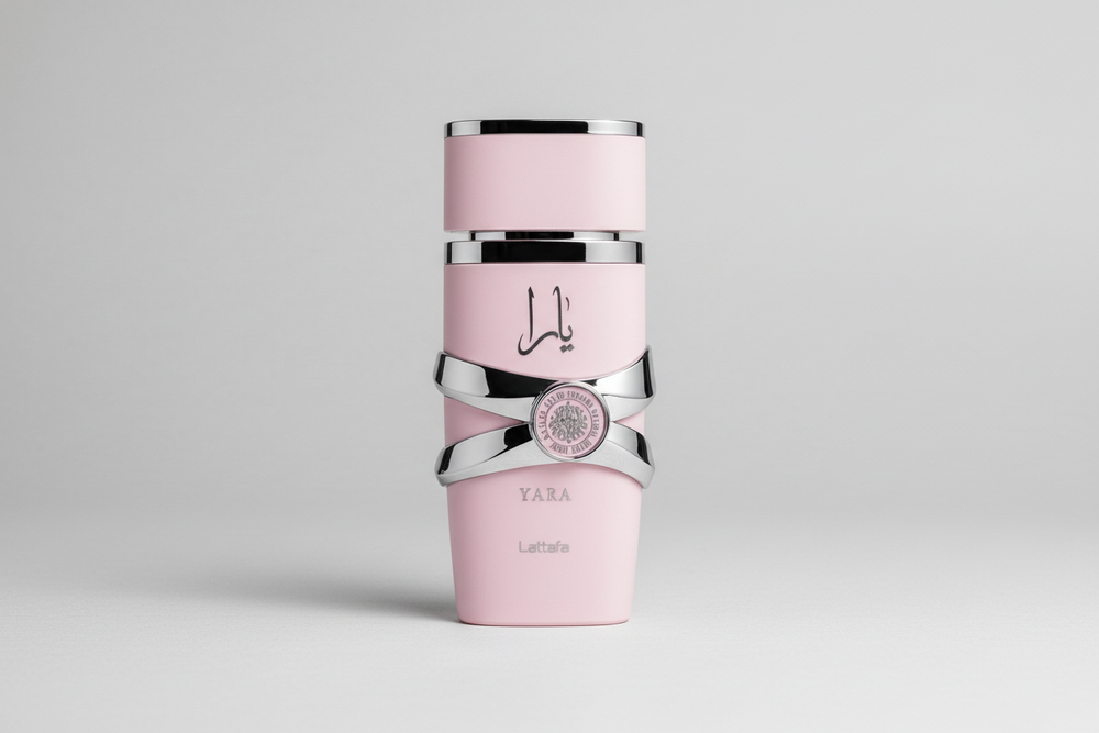 Lattafa Yara EDP 100ml perfume bottle straight front view – elegant sweet fruity floral fragrance with tangerine heliotrope orchid, tropical fruits gourmand notes, vanilla musk sandalwood