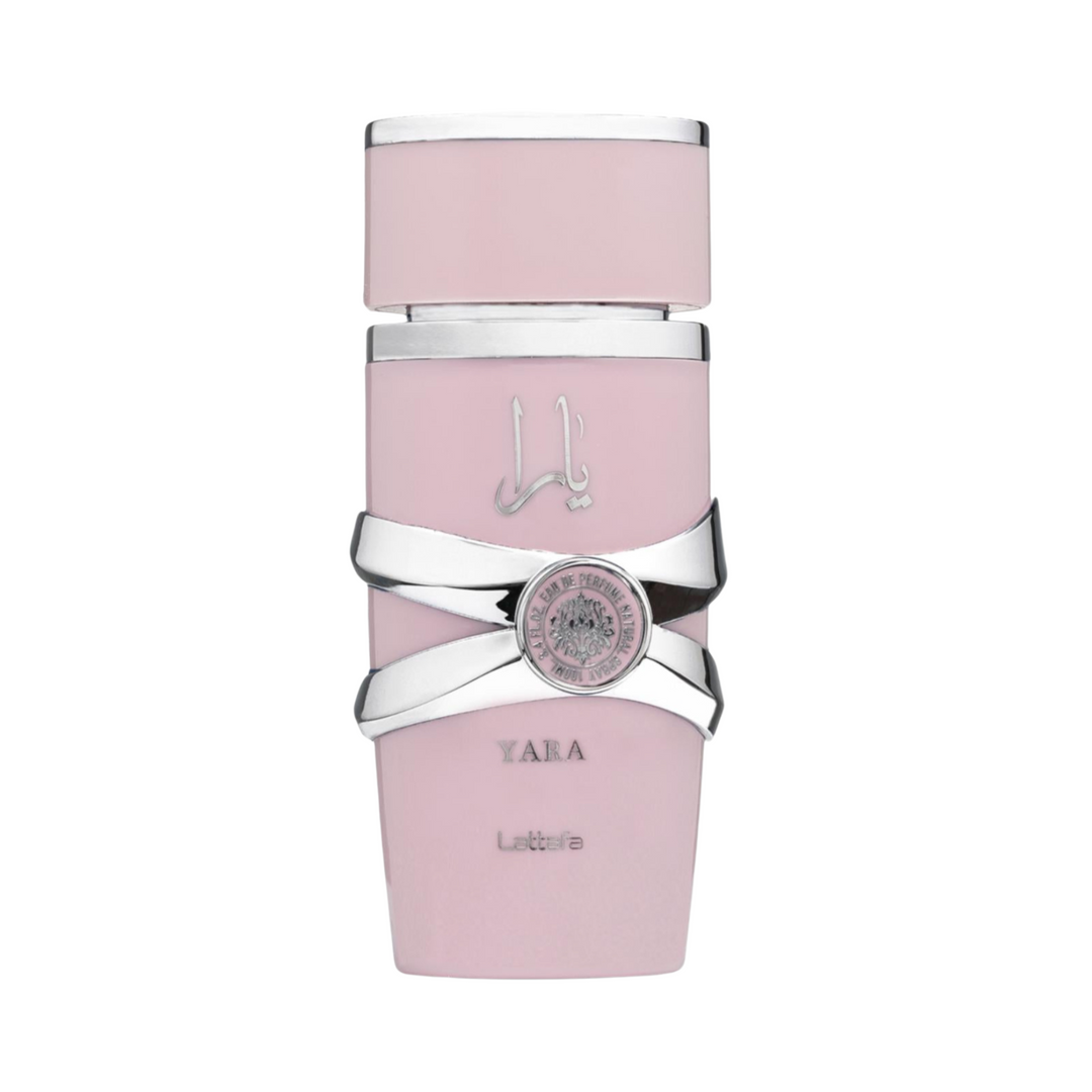 Lattafa Yara EDP 100ml perfume bottle straight front view – elegant sweet fruity floral fragrance with tangerine heliotrope orchid, tropical fruits gourmand notes, vanilla musk sandalwood