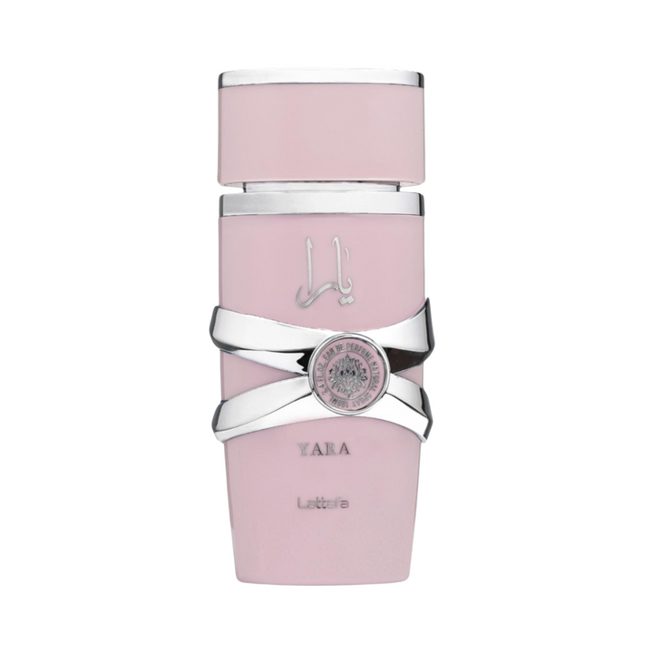 Lattafa Yara EDP 100ml perfume bottle straight front view – elegant sweet fruity floral fragrance with tangerine heliotrope orchid, tropical fruits gourmand notes, vanilla musk sandalwood