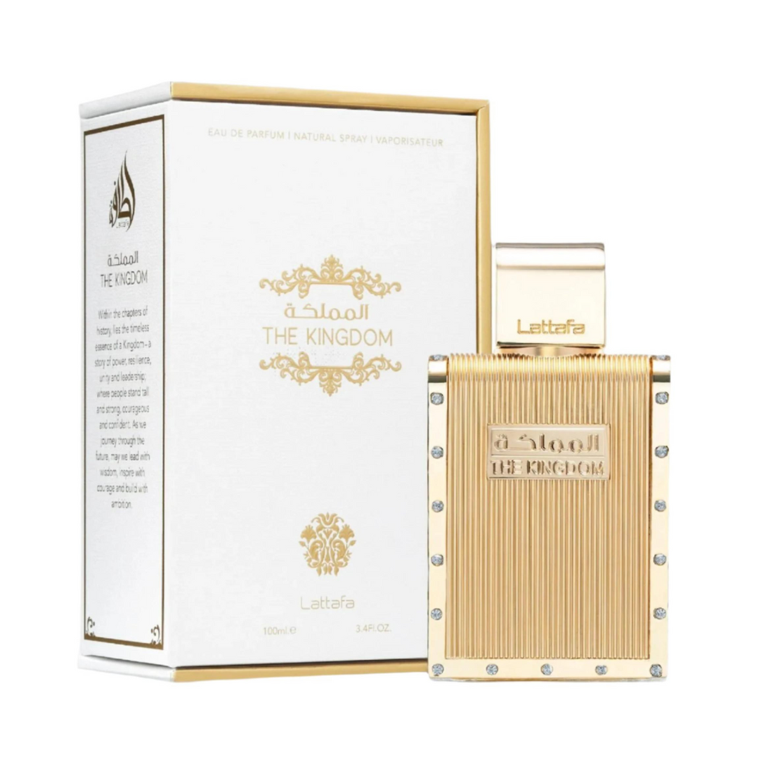 Lattafa The Kingdom Men EDP 100ml perfume bottle and box slight side angle – powerful long lasting oriental woody scent with bergamot black pepper lemon, lavender cardamom cedarwood, amber patchouli sandalwood musk