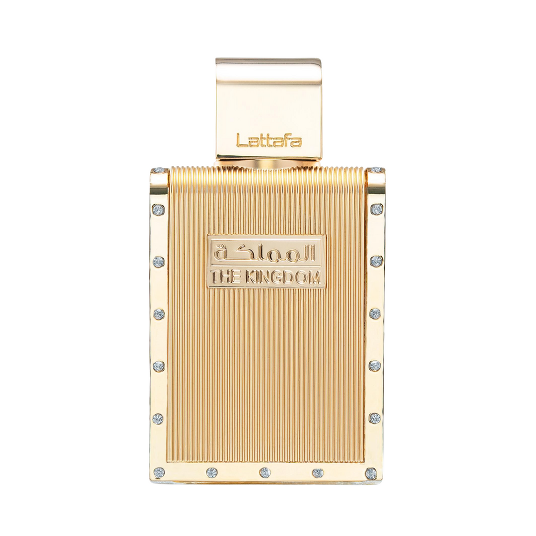 Straight front view of Lattafa The Kingdom Men EDP 100ml perfume bottle – elegant deep oriental woody masculine fragrance with bergamot black pepper lemon, lavender cardamom cedarwood, amber patchouli sandalwood musk