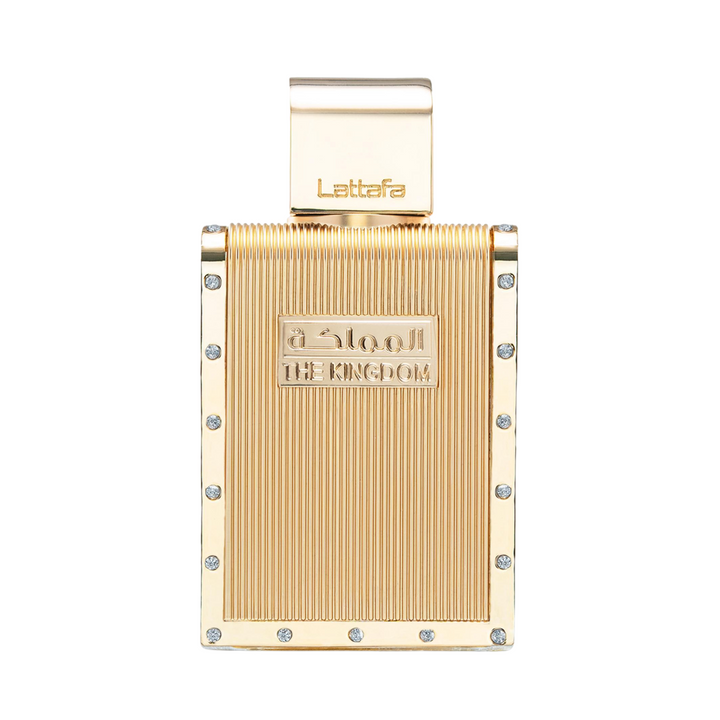 Straight front view of Lattafa The Kingdom Men EDP 100ml perfume bottle – elegant deep oriental woody masculine fragrance with bergamot black pepper lemon, lavender cardamom cedarwood, amber patchouli sandalwood musk