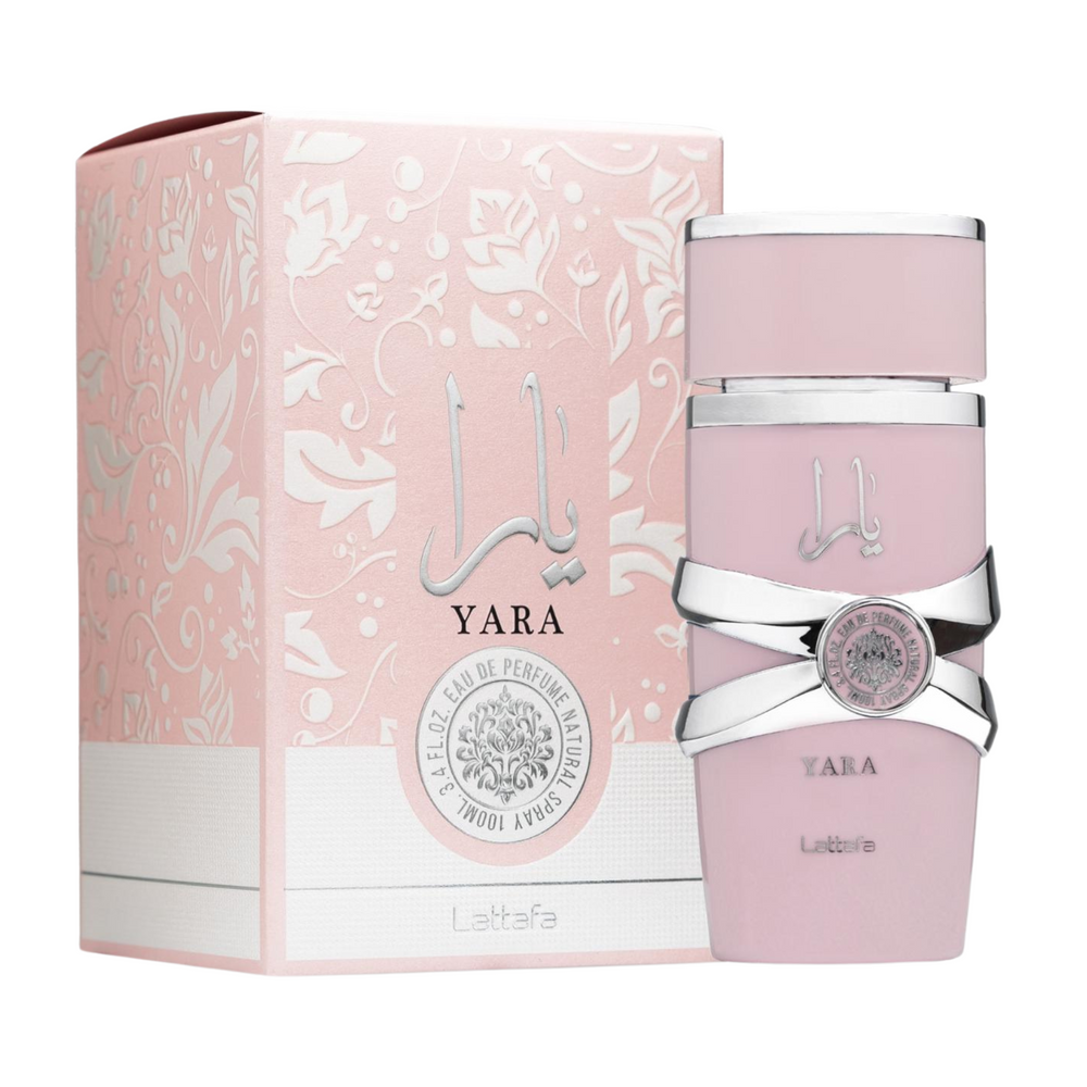 Lattafa Yara EDP 100ml perfume bottle and box slight side angle – playful long lasting sweet fruity floral scent with tangerine heliotrope orchid, tropical fruits gourmand notes, vanilla musk sandalwood