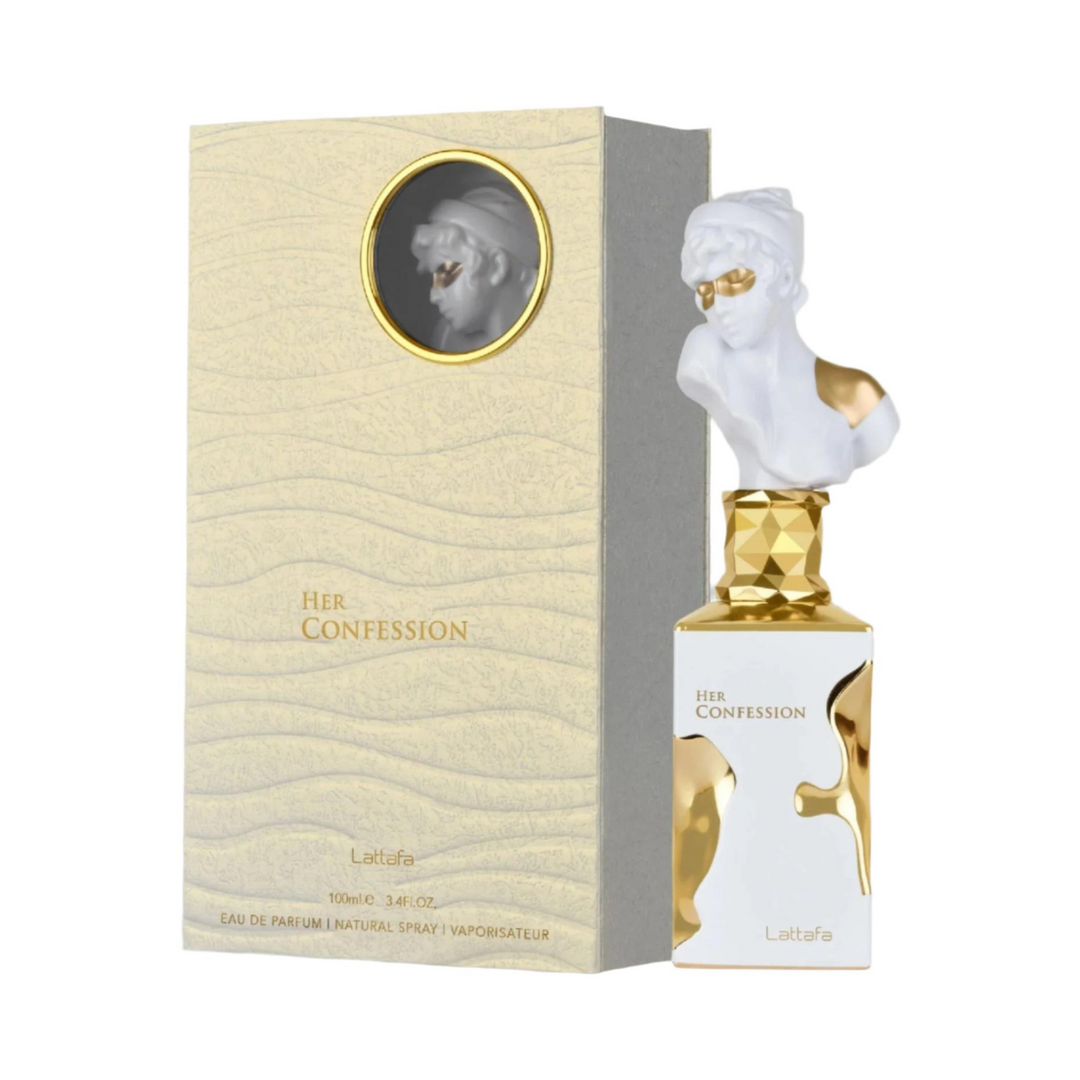 Lattafa Her Confession EDP 100ml perfume bottle and box slight side angle – luxurious long lasting floral fruity scent with peach pink pepper bergamot, jasmine peony rose, vanilla musk sandalwood amber