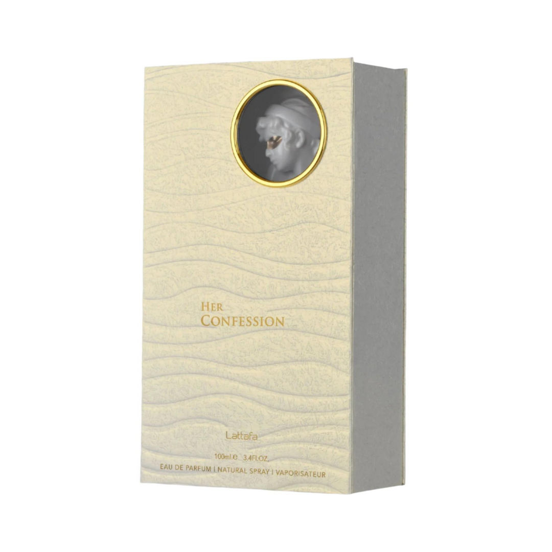 Lattafa Her Confession EDP 100ml perfume box slight side angle – stylish packaging for floral fruity fragrance with peach pink pepper bergamot, jasmine peony rose, vanilla musk sandalwood amber