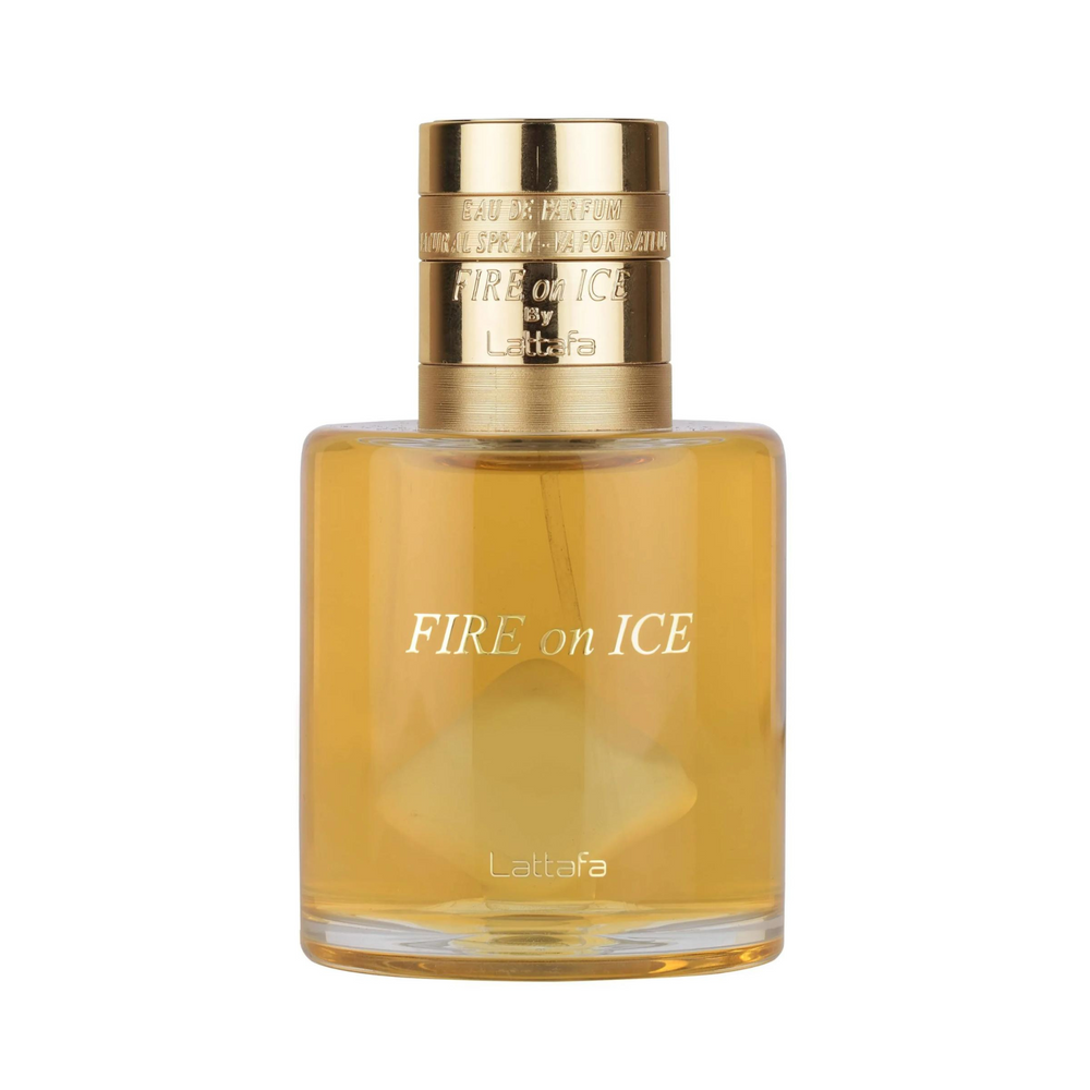 Straight front view of Lattafa Fire On Ice EDP 100ml perfume bottle – bold fresh spicy scent for men and women