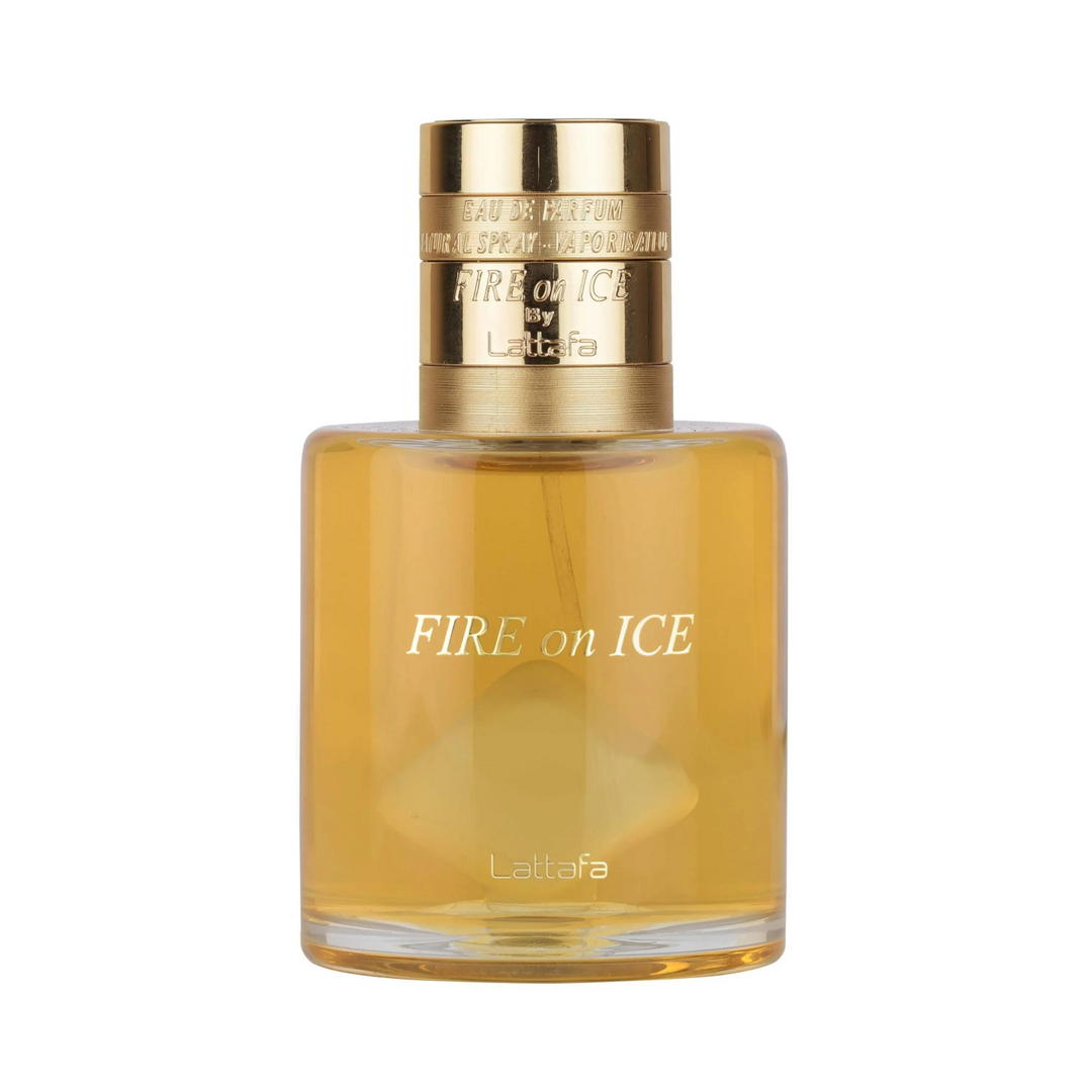 Straight front view of Lattafa Fire On Ice EDP 100ml perfume bottle – bold fresh spicy scent for men and women