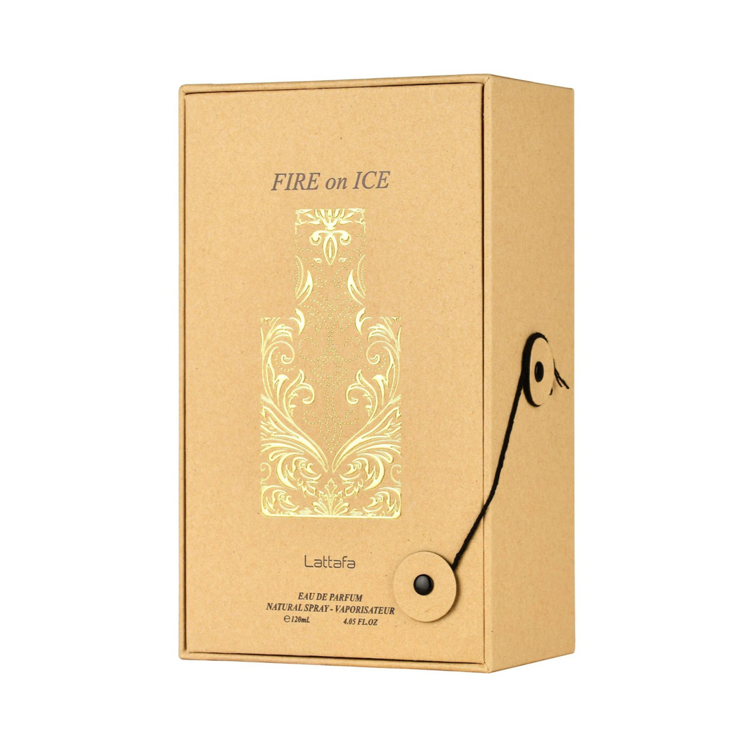 Lattafa Fire On Ice EDP 100ml perfume box only slight side angle – elegant packaging for spicy fresh unisex fragrance