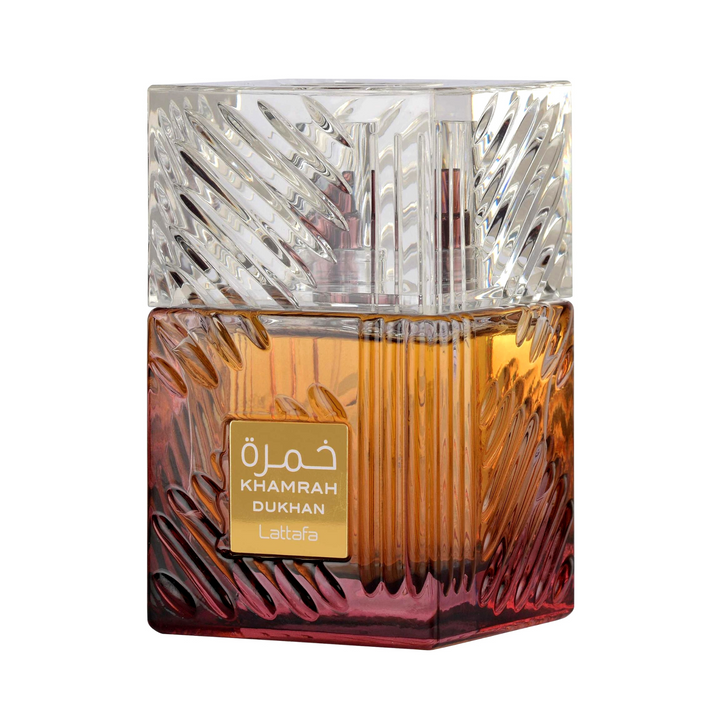 Lattafa Khamrah Dukhan EDP 100ml perfume bottle slight side angle – elegant warm spicy gourmand fragrance with cinnamon nutmeg bergamot, praline dates tuberose, vanilla tonka bean benzoin amberwood myrrh