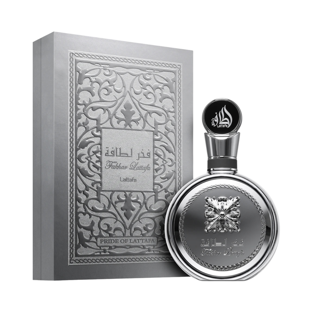 Lattafa Fakhar Platinum EDP 100ml perfume bottle and box slight side angle – bold woody spicy scent for men