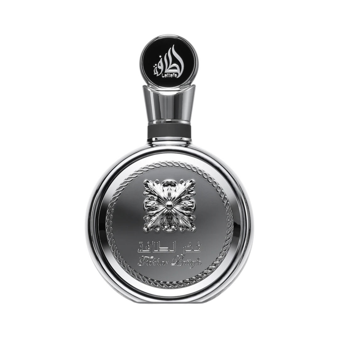 Straight front view of Lattafa Fakhar Platinum EDP 100ml perfume bottle – rich woody spicy masculine fragrance