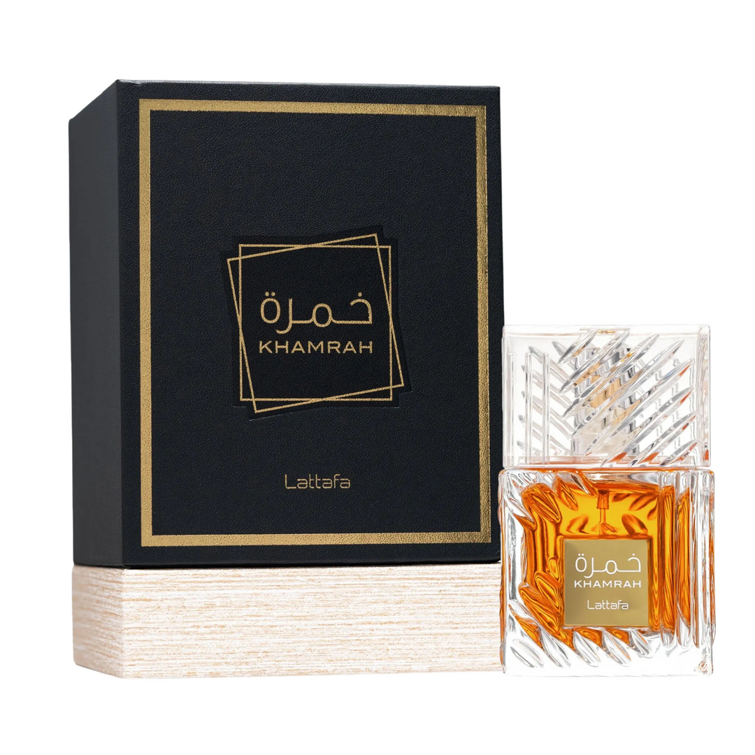 Lattafa Khamrah EDP 100ml perfume bottle and box front view – luxurious long lasting warm spicy gourmand scent with cinnamon nutmeg bergamot, praline dates tuberose, vanilla tonka bean benzoin amberwood myrrh