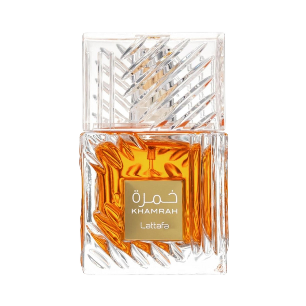 Lattafa Khamrah EDP 100ml perfume bottle straight front view – rich warm spicy gourmand fragrance with top notes cinnamon nutmeg bergamot, heart of praline dates tuberose, base of vanilla tonka bean benzoin amberwood myrrh