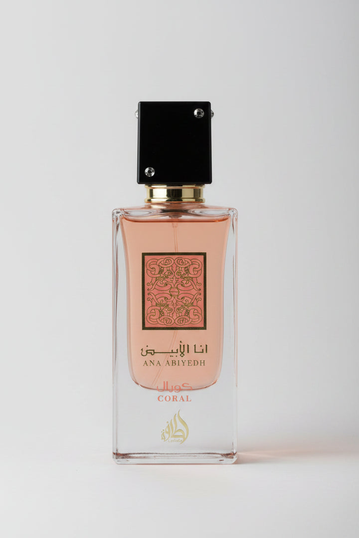 Perfume bottle with intricate design and branding on a white background