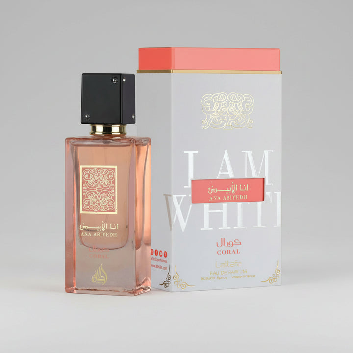 Perfume bottle and packaging of Ana Abiyedh Coral on a white background