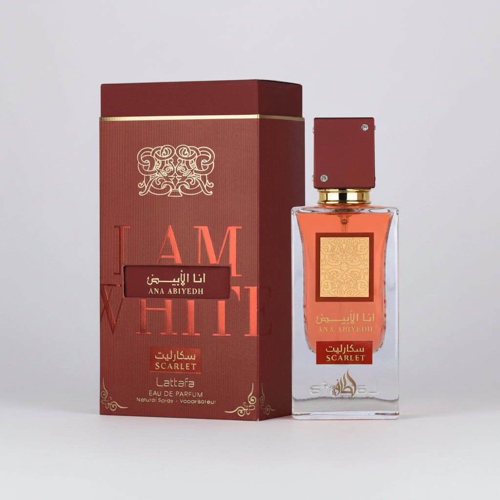 Ana Abiyeh 'Lam White' Scarlet Eau de Parfum bottle and its matching dark red box with gold lettering, set against a plain white background.