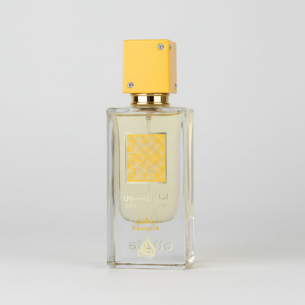 Ana Abiyeh passion perfume bottle with a yellow cap and gold detailing, shown on a plain white background.