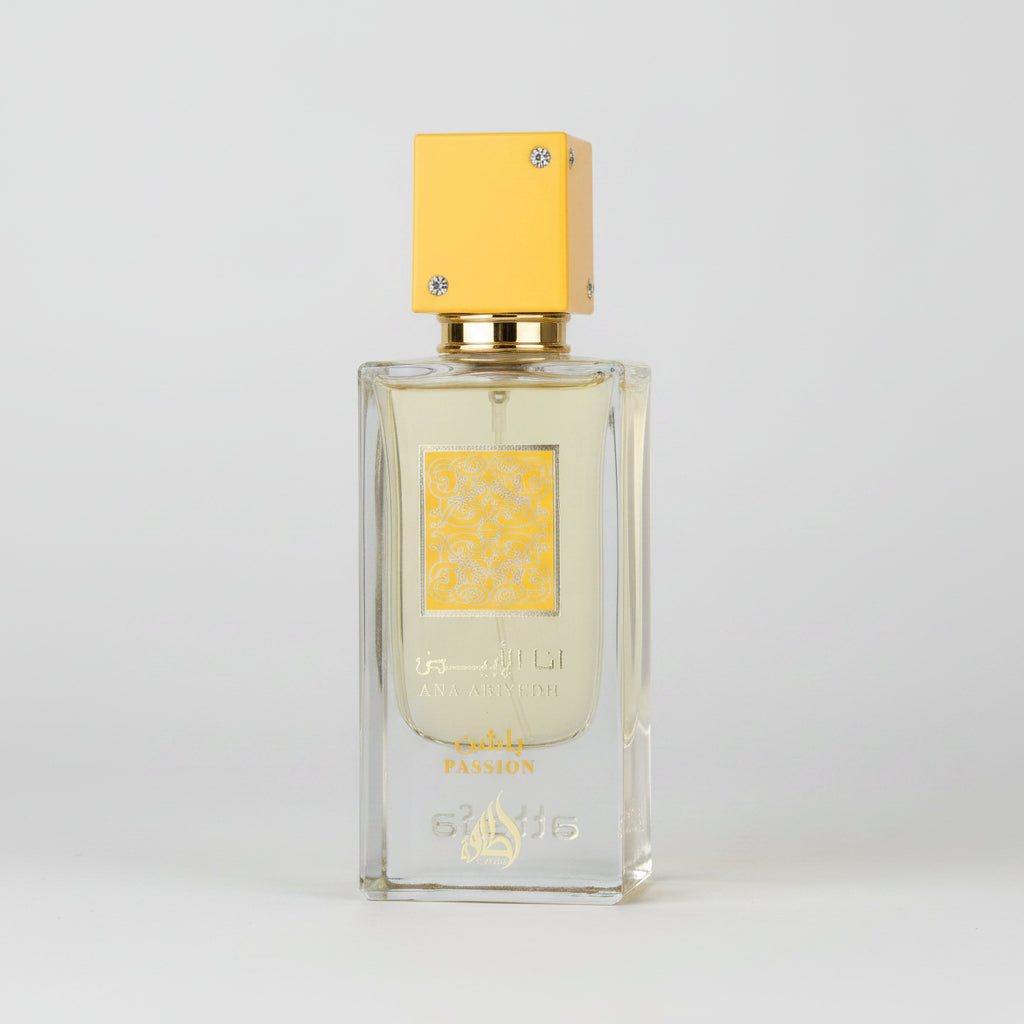 Ana Abiyeh passion perfume bottle with a yellow cap and gold detailing, shown on a plain white background.