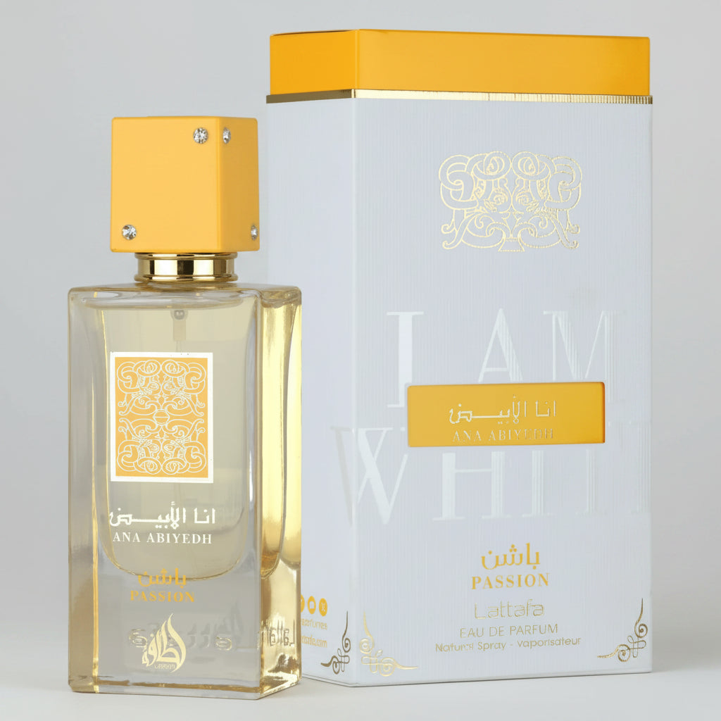 Perfume bottle and packaging with yellow accents on a white background